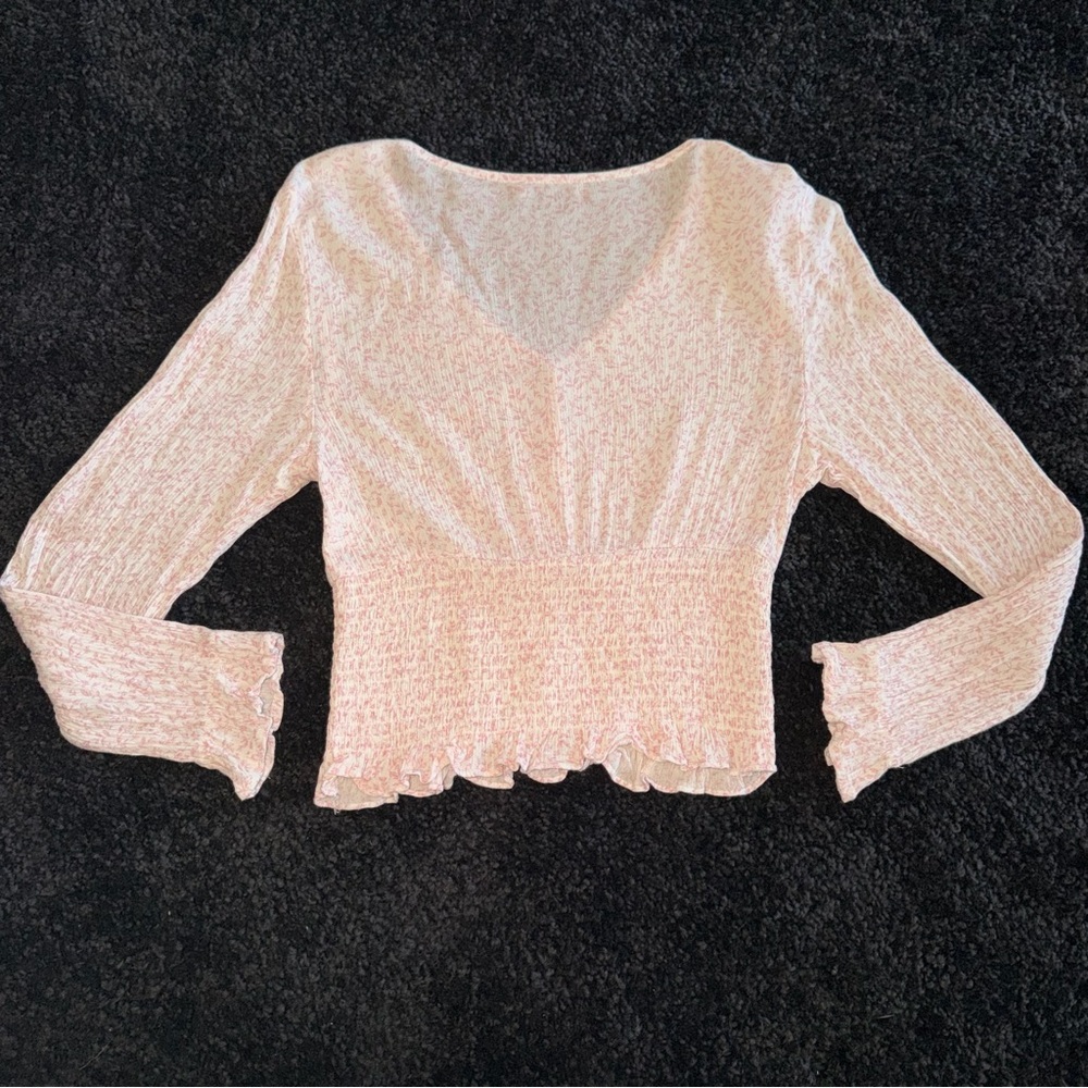 Paper Crane Pink Smocked Crop Top V-Neck Long Sleeve Peplum - Size S - Picture 2 of 8